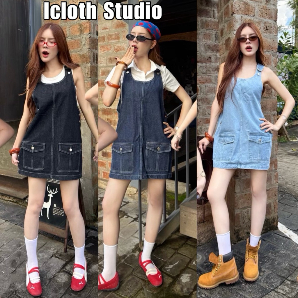Denim Dress 🧢 เอี๊ยมกระโปรงยีนส์สั้น ผ้าไม่ยืด แต่งกระเป๋าด้านหน้า น่ารักมาก
