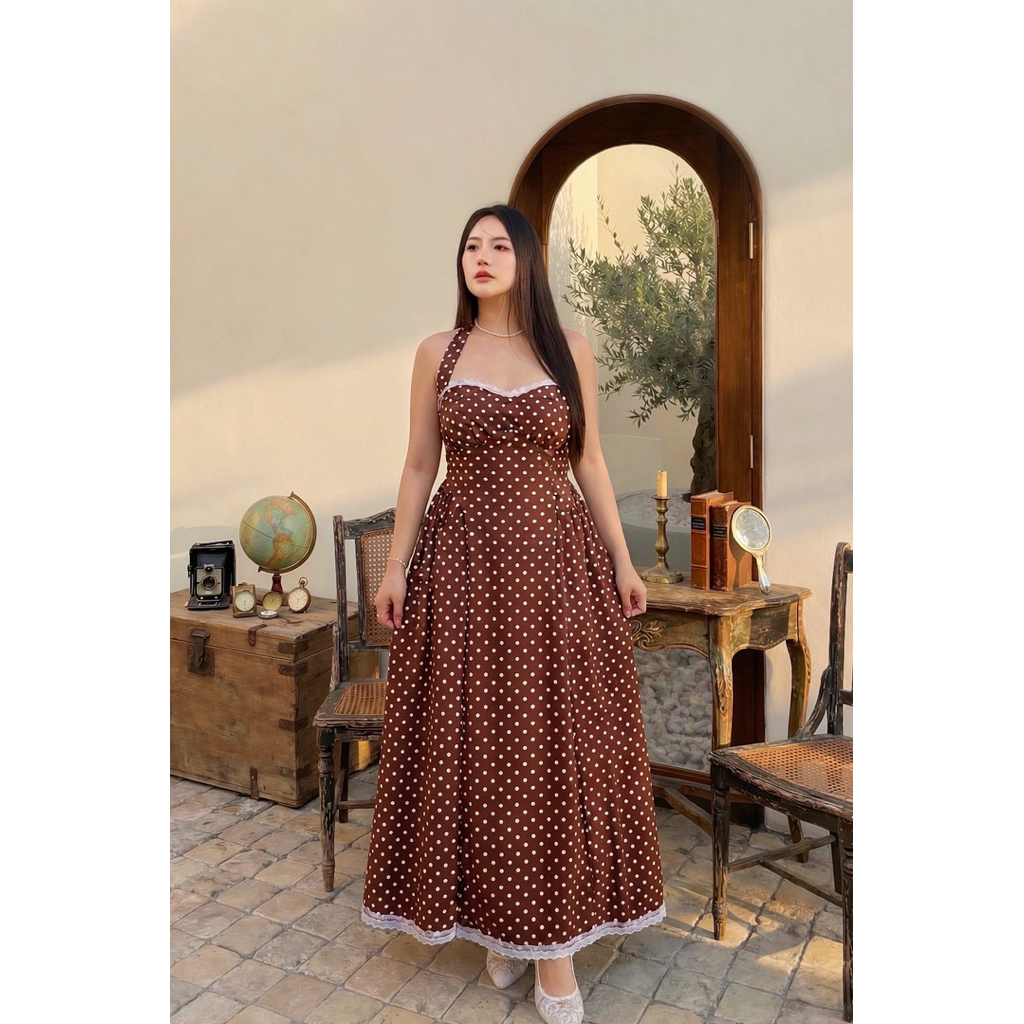 D96 Maxi Dress ลายจุดแต่งขอบลูกไม้ Muenfun เดรสสาวอวบ