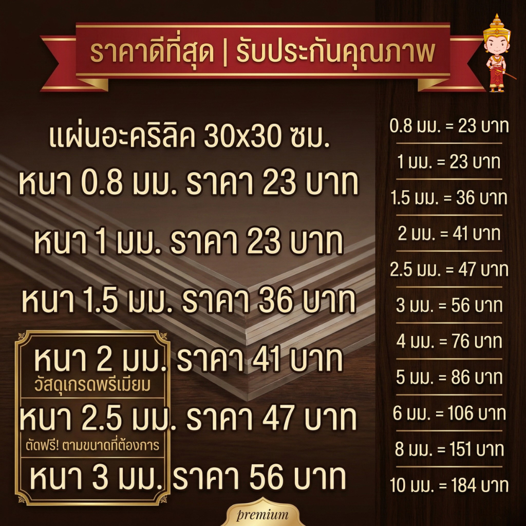 แผ่นอะคริลิคใส ขนาด 30x30cm หนา 0.8 มิล - 3 มิล พร้อมส่ง