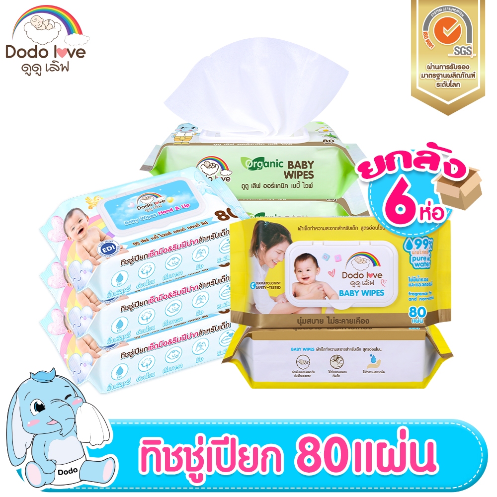 ส่งด่วน ยกลัง6ห่อ dodolove ทิชชู่ เบบี้ ไวพส์ แฮนด์ แอนด์ ลิป ทิชชู่เปียกสำหรับเด็ก ดึงไม่ติดกัน บรรจุ 80 แผ่น / ห่อ