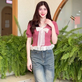 ( เฉพาะเสื้อ ) เสื้อผ้าเปลือกไม้ แขนตุ๊กตา ชายแต่งระบาย ผูกโบว์อก เรียบร้อย ใส่ทำงาน น่ารัก สาวอวบ อ้วน เสื้อสาวอวบ T016