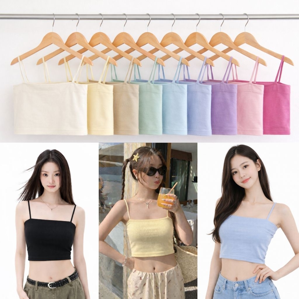 💕PP♡CLOSET💕พร้อมส่ง13สี :สายเดี่ยวทรงเกาะอก(เนื้อผ้าเรย่อนอย่างดี)สายเดี่ยววินเทจเสื้อเกาะอกแบบมีสาย