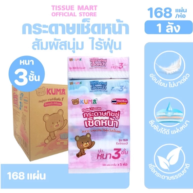 (LIVE)[ยกลัง] KUMA คุมะ กระดาษทิชชู่เช็ดหน้า ขนาด 168แผ่น หนา3ชั้น แพค 5ห่อ ลัง 10แพค
