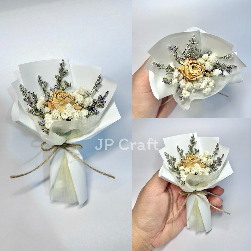 JPCraft🌻-ช่อดอกไม้ไซส์มินิ ช่อกุหลาบ+ยิปโซ+เเคสเปียห่อกระดาษ เก็บได้นาน(FM6)
