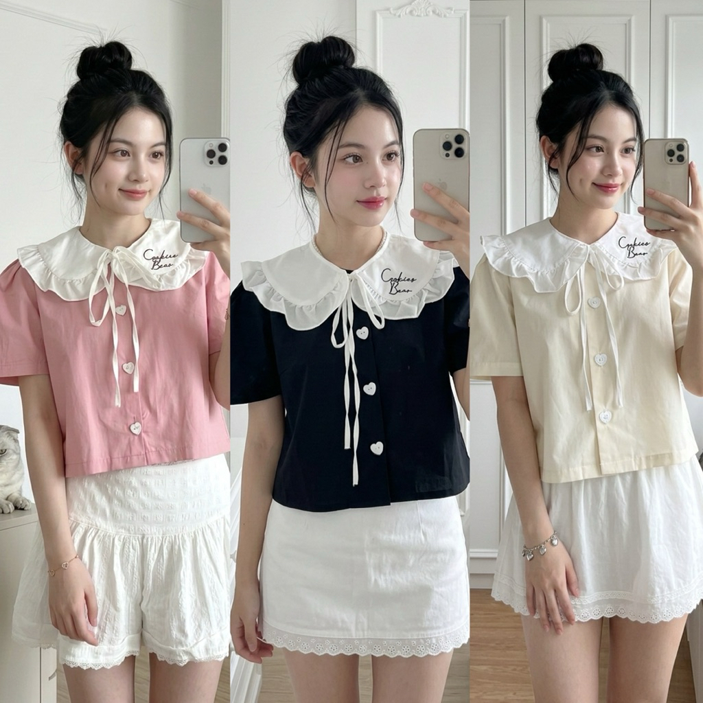 🎉ปกถอดได้💡เสื้อเชิ้ตคอบัวระบาย งานแยก2ชิ้น ปกผูกโบว์ถอดได้  งานปักปก  / J1-3 // COOK-แยกปก