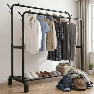 ราวแขวนเสื้อผ้า 2 ชั้น รับน้ำหนักได้มาก วางรองเท้าได้ ประหยั…