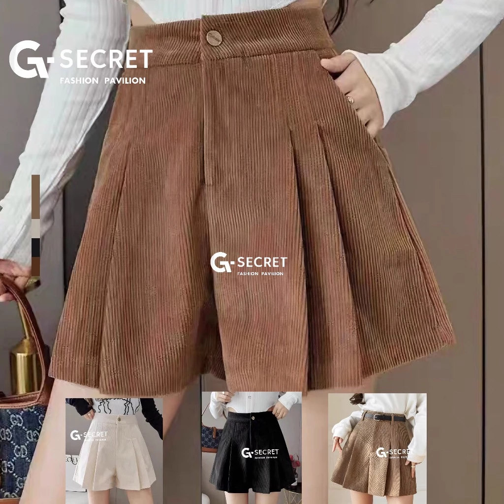 พร้อมส่ง กางเกงขาสั้นเอวสูง ผ้าลูกฟูก เอวสม็อค สไตล์เกาหลี ใส่สบาย Clothing เสื้อผ้า