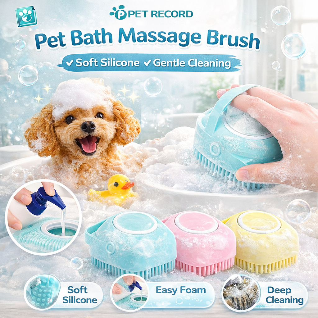 🔥 Pet Record แปรงอาบน้ำสุนัข/แมว ซิลิโคนนุ่ม มีช่องใส่แชมพู นวดสบาย ไม่เจ็บผิว 3สีสดใส 🐶✨