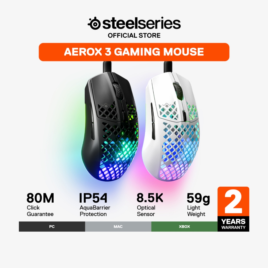 SteelSeries Aerox 3 Wired Gaming Mouse เม้าส์เกมมิ่งน้ำหนักเบา 8,500 CPI กันน้ำกันฝุ่น IP54