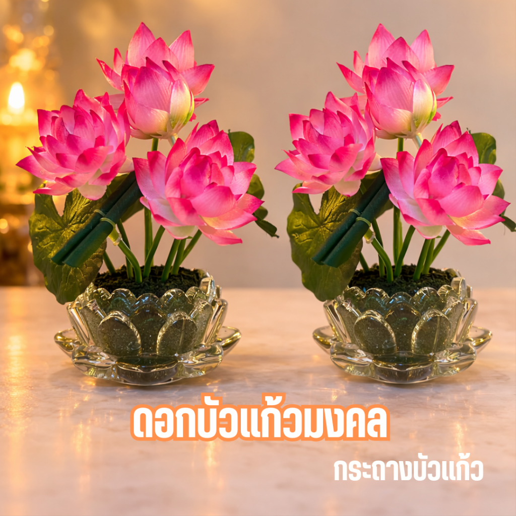 แจกันดอกบัว(กระถางแก้ว) มงคล เสริมสิริมงคลหิ้งพระด้วยดอกบัวสีชมพูพร้อมฐานบัวเเก้ว (คุ่)