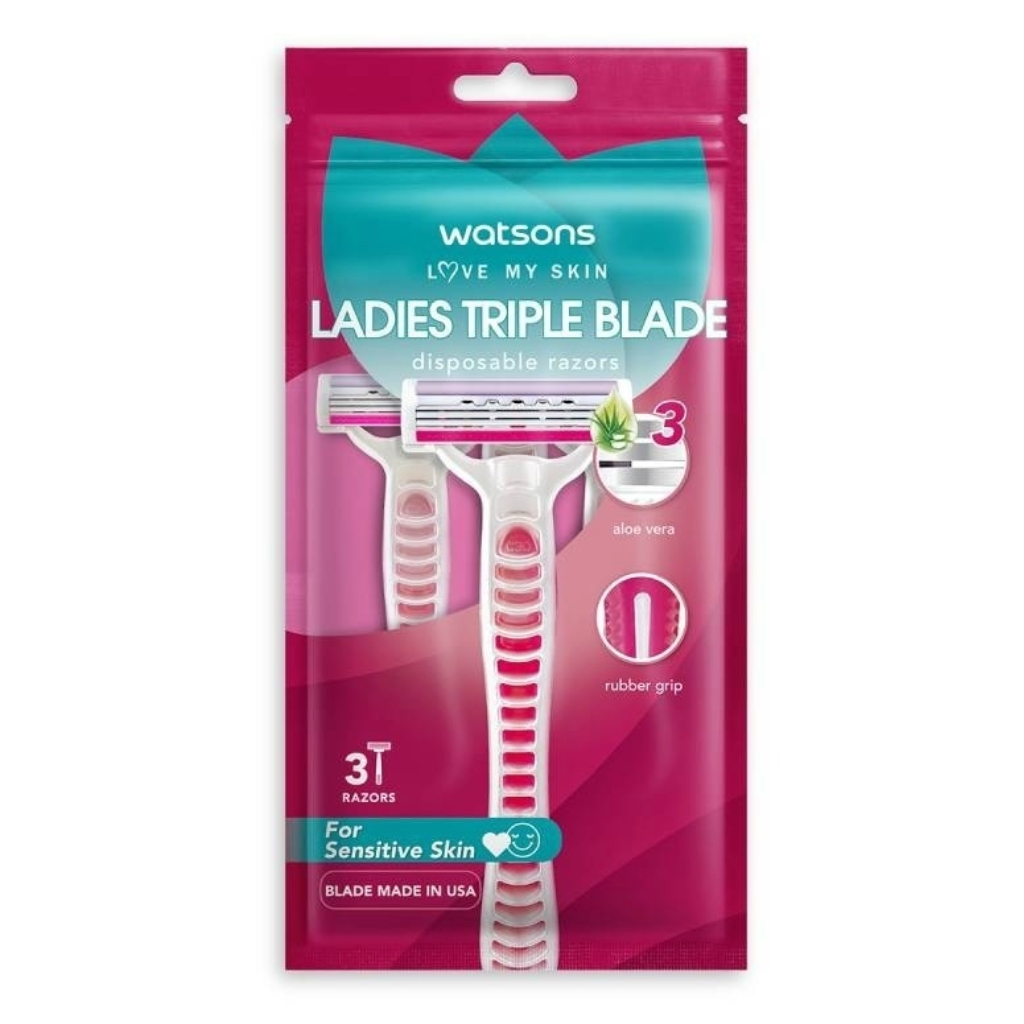 watsons วัตสัน เลดี้ส์ ทริปเปิ้ล เบลด ดิสโพซะบัล เรเซอร์ส มีดโกนสำหรับผู้หญิง แพ็ค 3 ชิ้น.