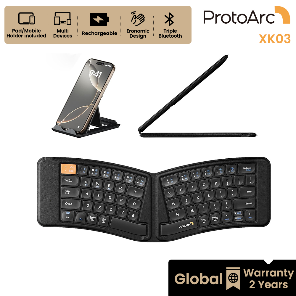 ProtoArc XK03 คีย์บอร์ดพับได้ ไร้สาย บลูทูธ 3 อุปกรณ์ ดีไซน์ Ergonomic ชาร์จไฟได้ รับประกัน 2 ปี