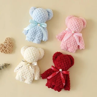 12ผืน คละสี (มีถุงขายแยก) พร้อมส่งไทย ผ้าเช็ดหน้า พับเป็นหมีผูกโบว์ ของชำร่วย ของรับไหว้ งานแต่ง