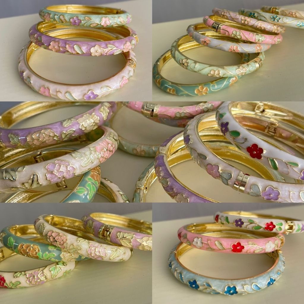 กำไลลงยา Enamel ลายดอกไม้สไตล์วินเทจ สีพาสเทล พร้อมส่ง