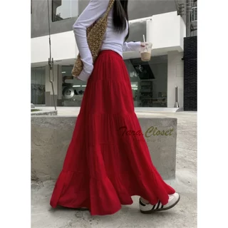 IT099 TARA SKIRT กระโปรงยาว เอวสูง ทรงบอลลูน แต่งระบาย 5 ชั้น สม็อครอบเอว ผ้าไหมอิตาลี ผ้าดี ใส่สบาย ไม่ต้องรีด