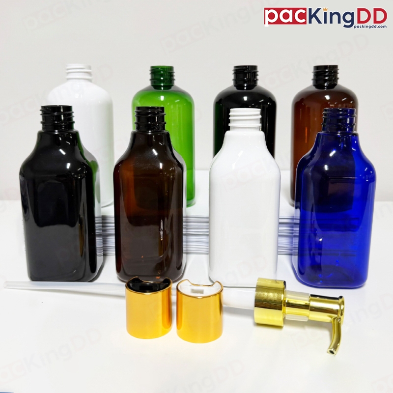 (แพ็ค 10 ชิ้น) ขวดพลาสติก PET ขนาด 200-250 ml. #K434 ทรงกลม/เหลี่ยม ฝากด ฝาปั้ม เลือกขวดและฝาได้ Pac