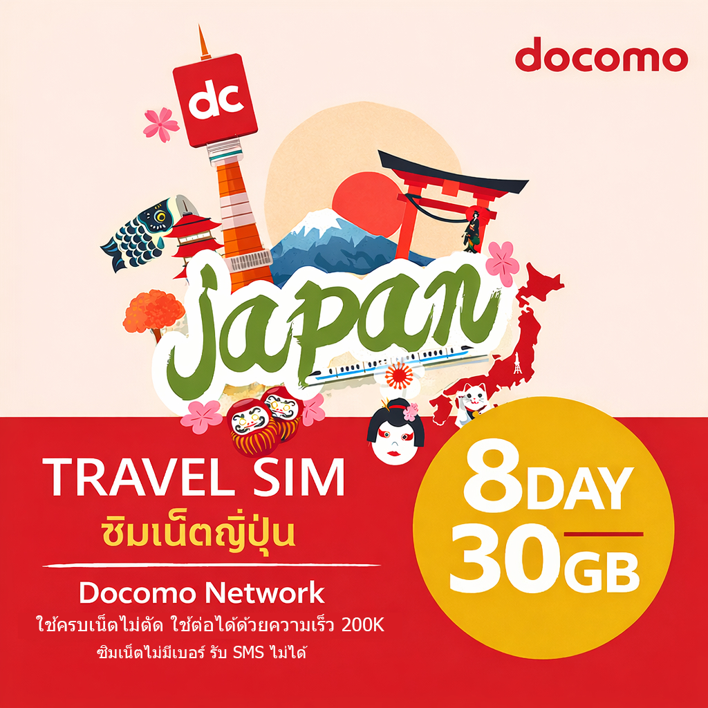 ซิมญี่ปุ่น Japan Sim Docomo 8 วัน/30GB ใช้ครบเน็ตไม่ตัด ใช้ต่อได้ด้วยความเร็ว 200K | Japan Travel Si