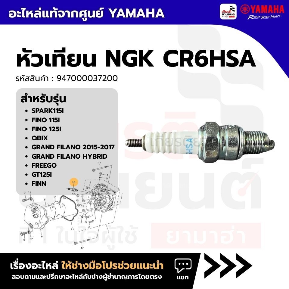 947000037200 : หัวเทียน NGK CR6HSA เเท้จากศูนย์ YAMAHA สําหรับ SPARK,FINO,QBIX,GRAND FILANO HYBRID