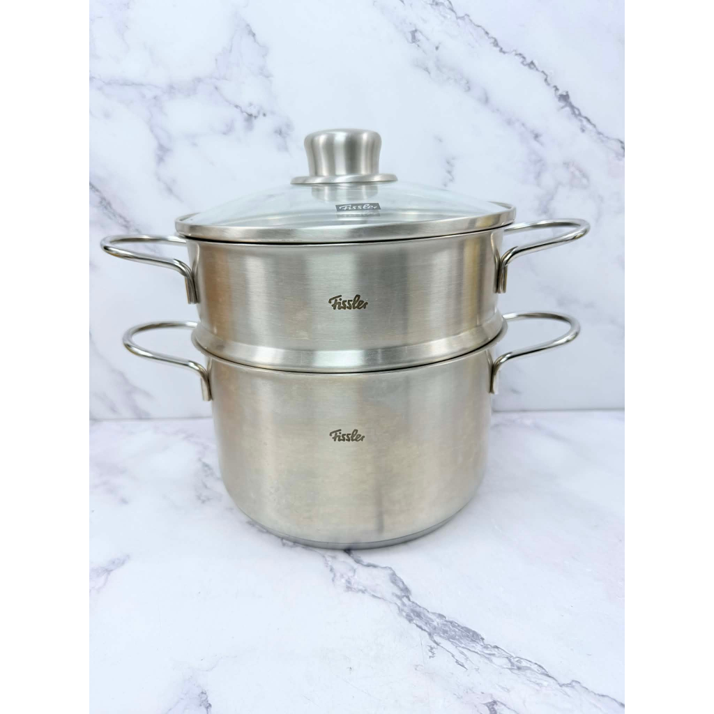 Fissler หม้อพร้อมซึ่งนึ่งและฝาแก้ว ขนาด 18cm. Germany (2320) สินค้ามือสองสภาพดี