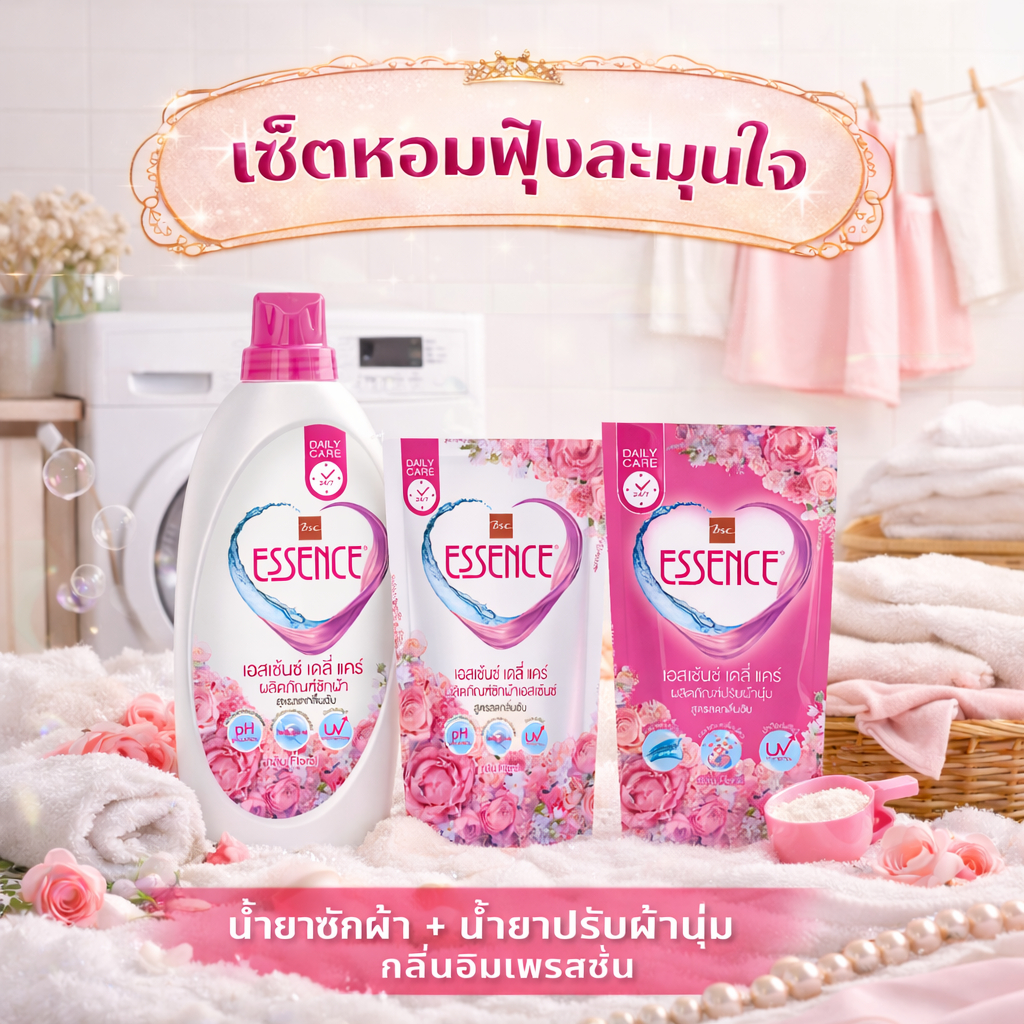 Essence เอสเซ้นซ์ น้ำยาซักผ้า น้ำยาปรับผ้านุ่ม ชุดหอมฟุ้งละมุนใจ แบบขวดและรีฟิล