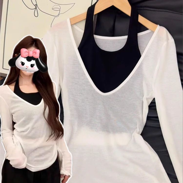 เสื้อคลุมกันแดดแขนยาวผ้าโปร่งบางสีขาวคอวีสำหรับผู้หญิง ทำจากผ้าไหมน้ำแข็งเนื้อบางเบา เหมาะสำหรับฤดูร้อน