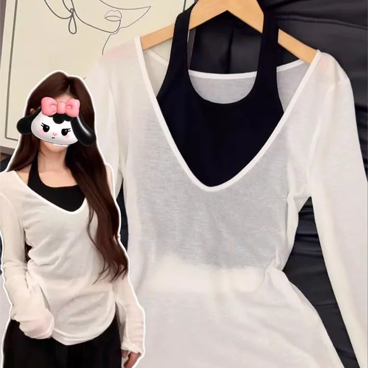 เสื้อคลุมกันแดดแขนยาวผ้าโปร่งบางสีขาวคอวีสำหรับผู้หญิง ทำจากผ้าไหมน้ำแข็งเนื้อบางเบา เหมาะสำหรับฤดูร้อน