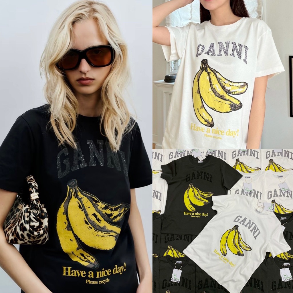 VL 5205 เสื้อยืดแขนสั้น ลายกล้วย งานปักเพชร ผ้าดี ลายเก๋
