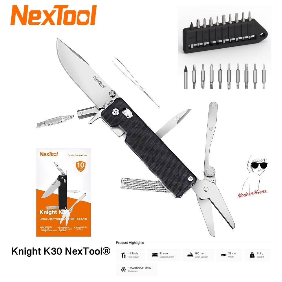 มีดและเครื่องมืออเนกประสงค์ NexTool Knight K30 + ชุดหัวไขควงขนาดต่างๆ ด้ามจับ Black G10