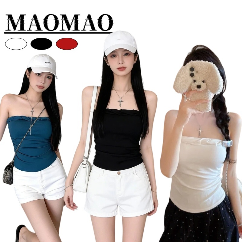 Maomao​💜พร้อมส่ง🌟 เสื้อเกาะอก มีฟองน้ำ ดีเทลถักเปีย เข้ารูปสลิมสวย สีพื้น เสื้อหน้าร้อนผู้หญิง FY10180
