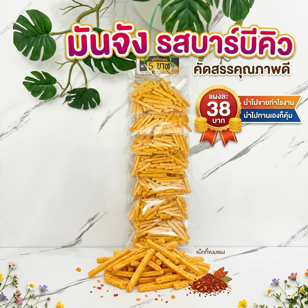 มันจัง BBQ ขนมข้าวโพดกรอบรสบาบีคิว ข/นมแผง 38 บาทมีทั้งหมด 10 ชิ้นอร่อยคุ้มค่าราคาสบายกระเป๋า
