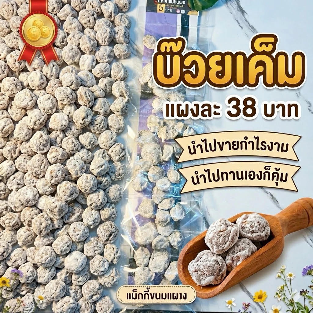 ขนมแผงบ๊วยเค็ม กินอร่อย เค็มนิดๆ เปรี้ยวหน่อยๆ แผงละ 10 ห่อ 38 บาท
