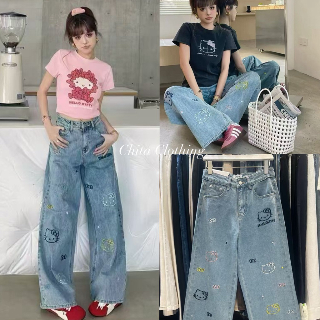 📍พร้อมส่ง📍🇰🇷FSY🇰🇷5519 Korea kitty denim jeans  ยืนลายปักkittyน่ารักมาก