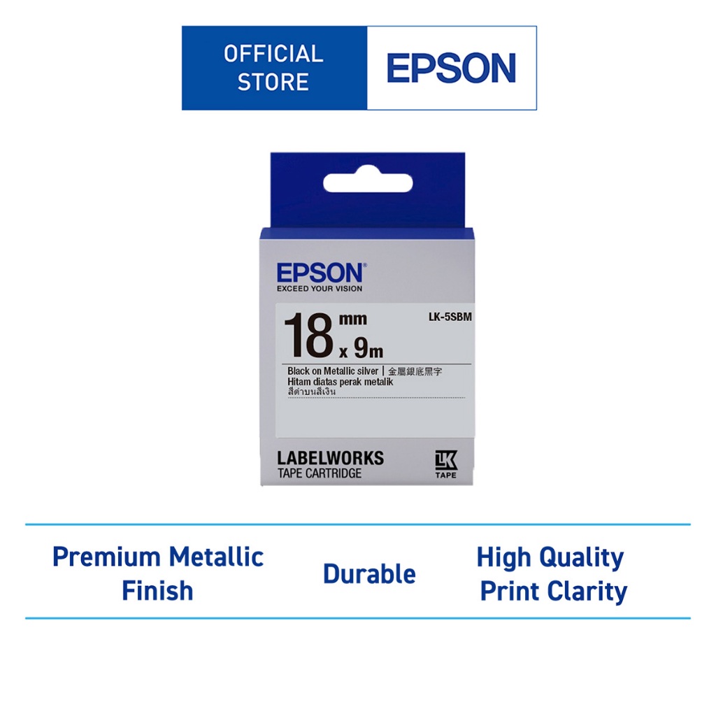 Epson LK-5SBM - 18MM BLACK ON SILVER TAPE (เทปพิมพ์อักษร)