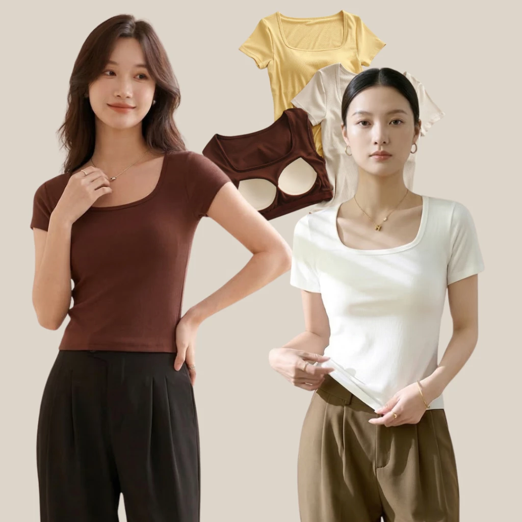 WsimpleBra | Cara Top Shirt เสื้อยืดผู้หญิง คอยู แขนสั้น มีบราในตัว เลิกใส่ชุดชั้นในและซิลิโคลปิดจุก