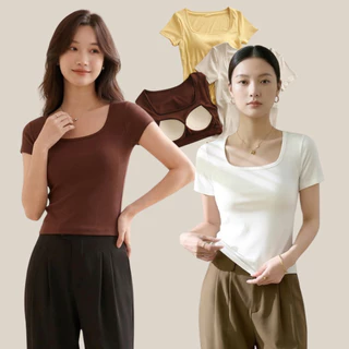WsimpleBra | Cara Top Shirt เสื้อยืดผู้หญิง คอยู แขนสั้น มีบราในตัว เลิกใส่ชุดชั้นในและซิลิโคลปิดจุก