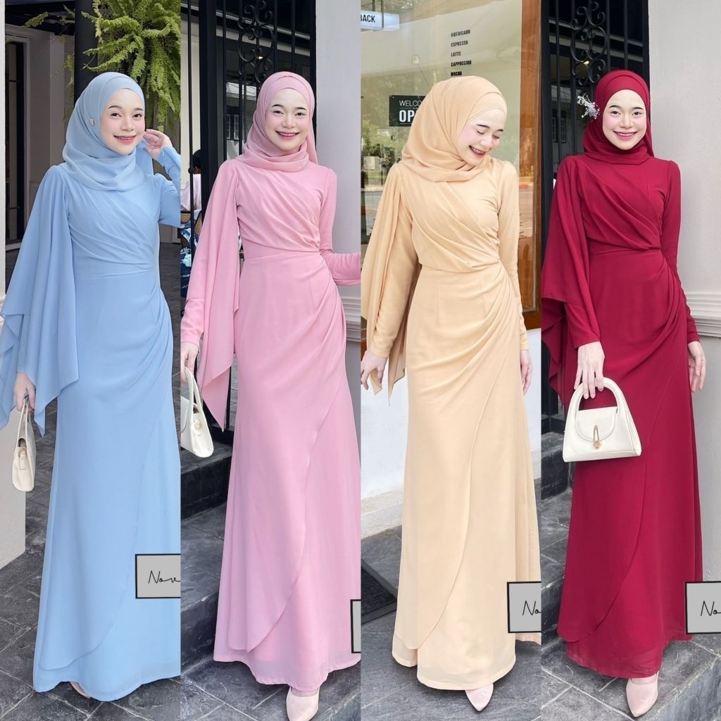 เดรสออกงานอิสลามผ้าชีฟอง รุ่นเคธี่ ใส่ออกงาน เพื่อนเจ้าสาว งานพรีเมี่ยมในงบหลักร้อย งานเนี๊ยบสวยมาก