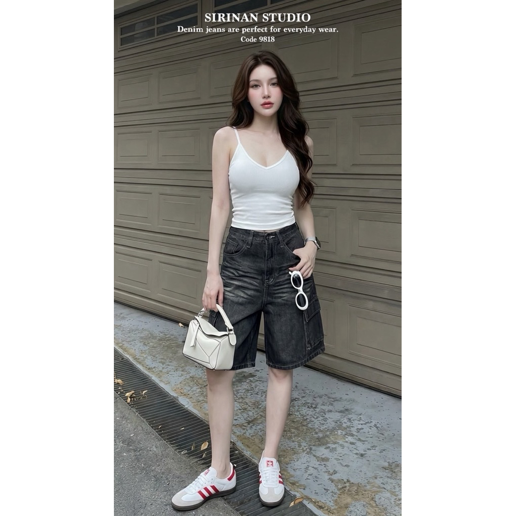 Sirinan Studio ยีนส์4ส่วนคาร์โก้ สีดำ ลุคเท่ห์🖤