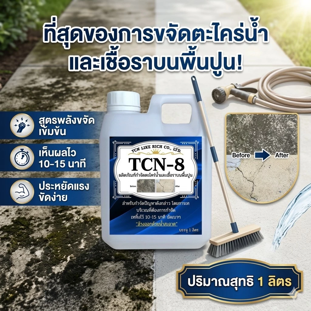 TCN8 น้ำยากำจัดตะไคร่น้ำ และเชื้อรา บนพื้นปูน ช่วยกำจัดตะไคร่น้ำอันเป็นสาเหตุให้พื้นไม่สะอาด และเกิดการลื่นของพื้น