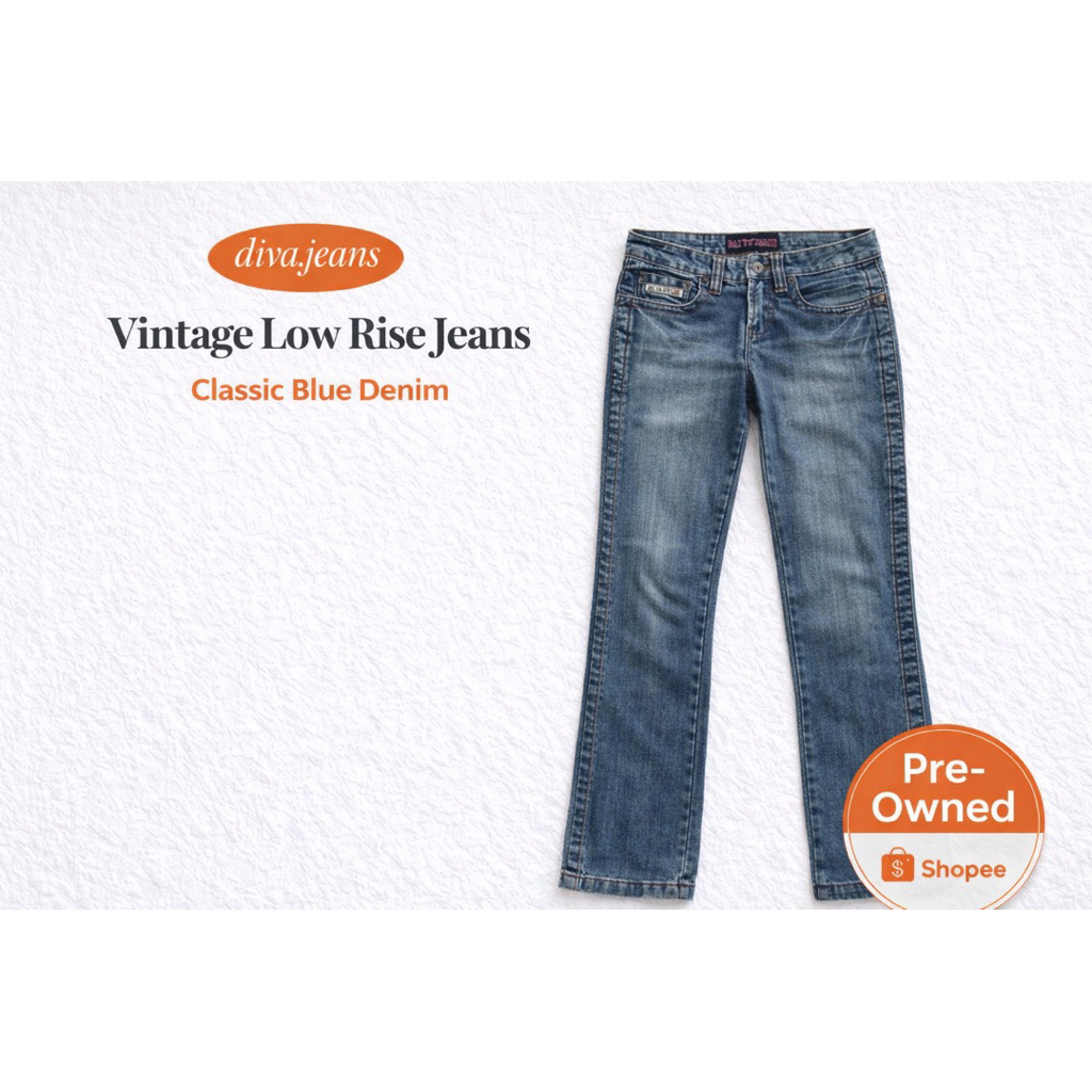 มือ2-กางเกงยีนส์เอวต่ำผู้หญิง M ผ้ายีนส์หนา ทรงตรง สไตล์ Y2K Size M มือสอง