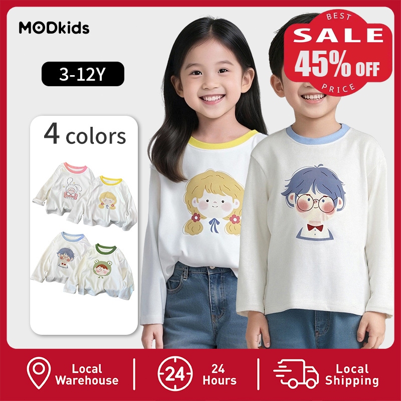 【MODkids】🔥🔥 เสื้อยืดเด็กแขนยาว ลายการ์ตูน ผ้าคอตตอนนุ่ม ระบายอากาศดี สี4สี พร้อมส่ง