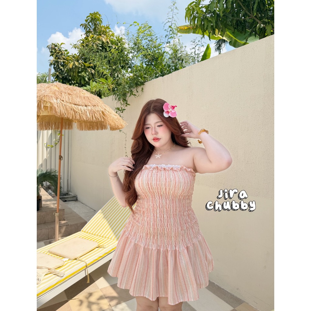 Lolly Stripe - เดรสเกาะอกลายริ้ว สม็อกทั้งตัว อกฟรีไซส์ 38-50 นิ้ว เดรสสาวอวบ เสื้อสาวอวบ พลัสไซส์