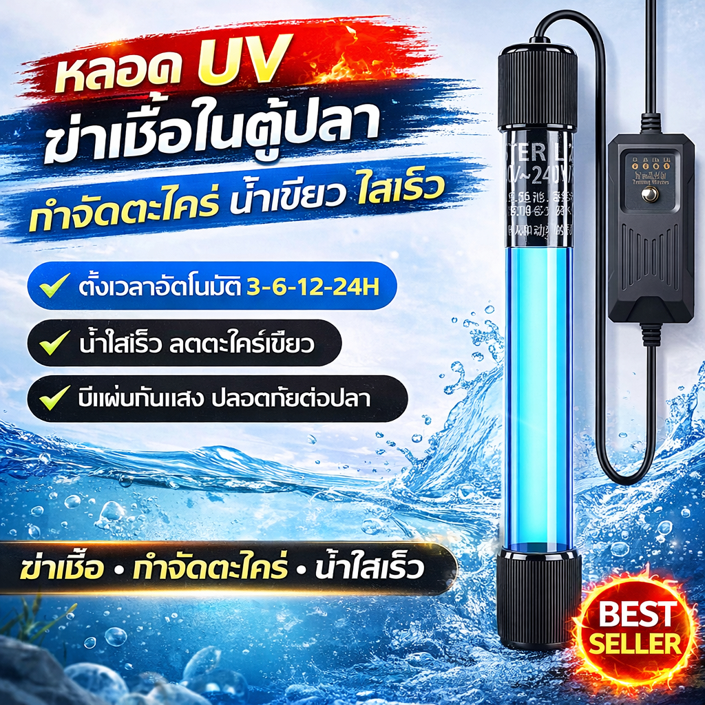 โคมไฟ UV ฆ่าเชื้อในตู้ปลา กำจัดตะไคร่ น้ำเขียว ใต้น้ำ ตั้งเวลาอัตโนมัติ 3-6-12-24H น้ำใสเร็ว สำหรับตู้ปลาและบ่อปลา