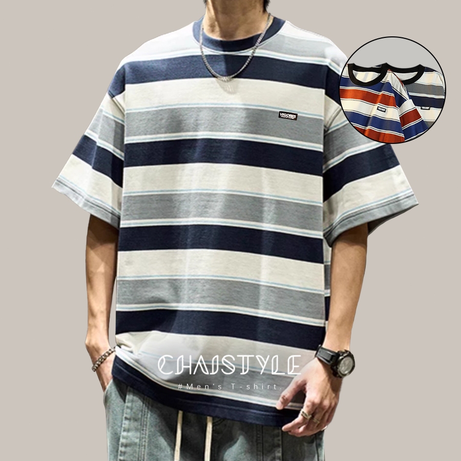 Chaistyle เสื้อยืดลายทางย้อนยุค สไตล์วินเทจใส่สบายเหมาะกับหน้าร้อน