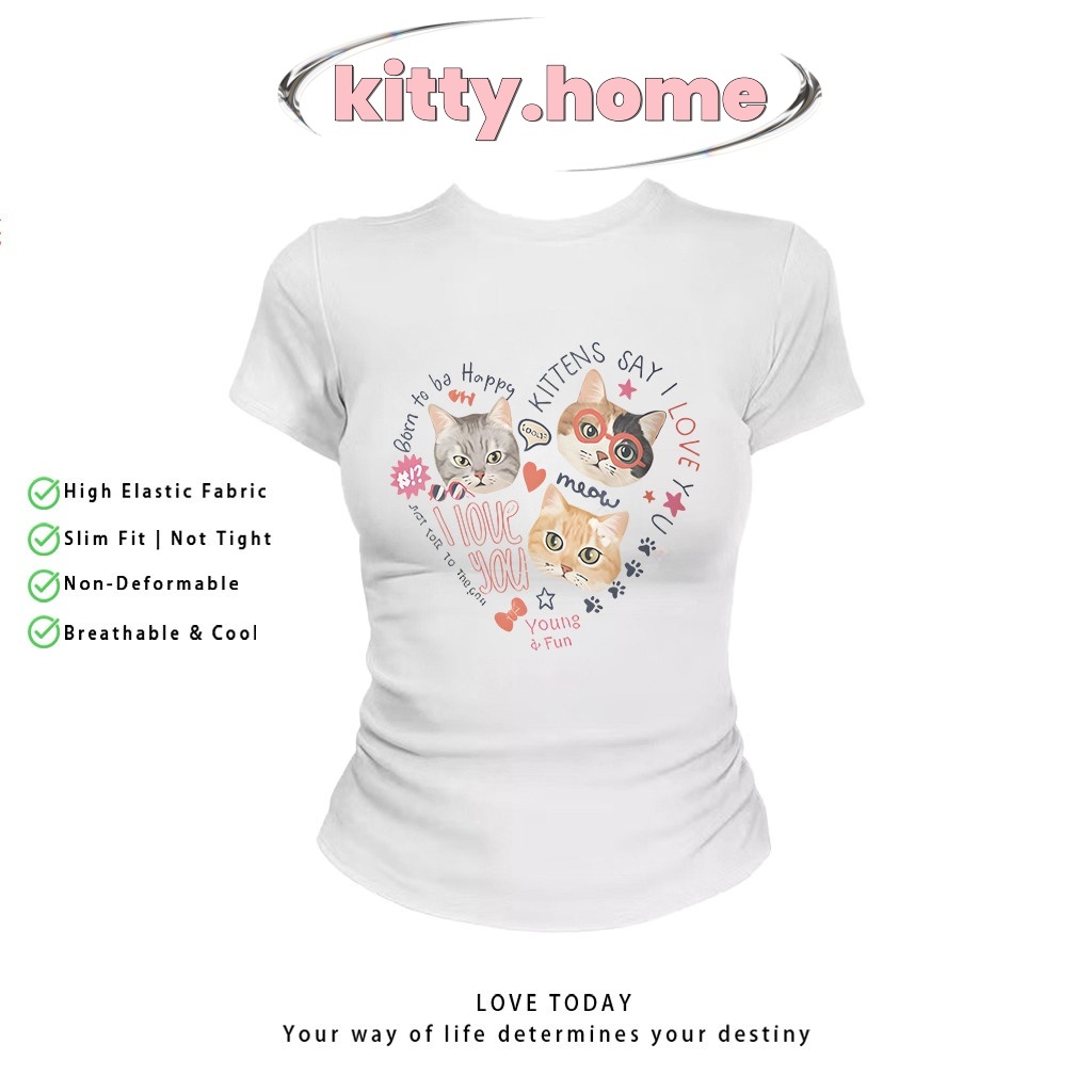 🚚 จัดส่งภายใน 24 ชั่วโมง! เสื้อครอปท็อป แขนสั้น babytee สไตล์เกาหลี y2k | ลายแมวหัวใจน่ารักสุดๆ เสื้อสาวอวบ ผ้าดี