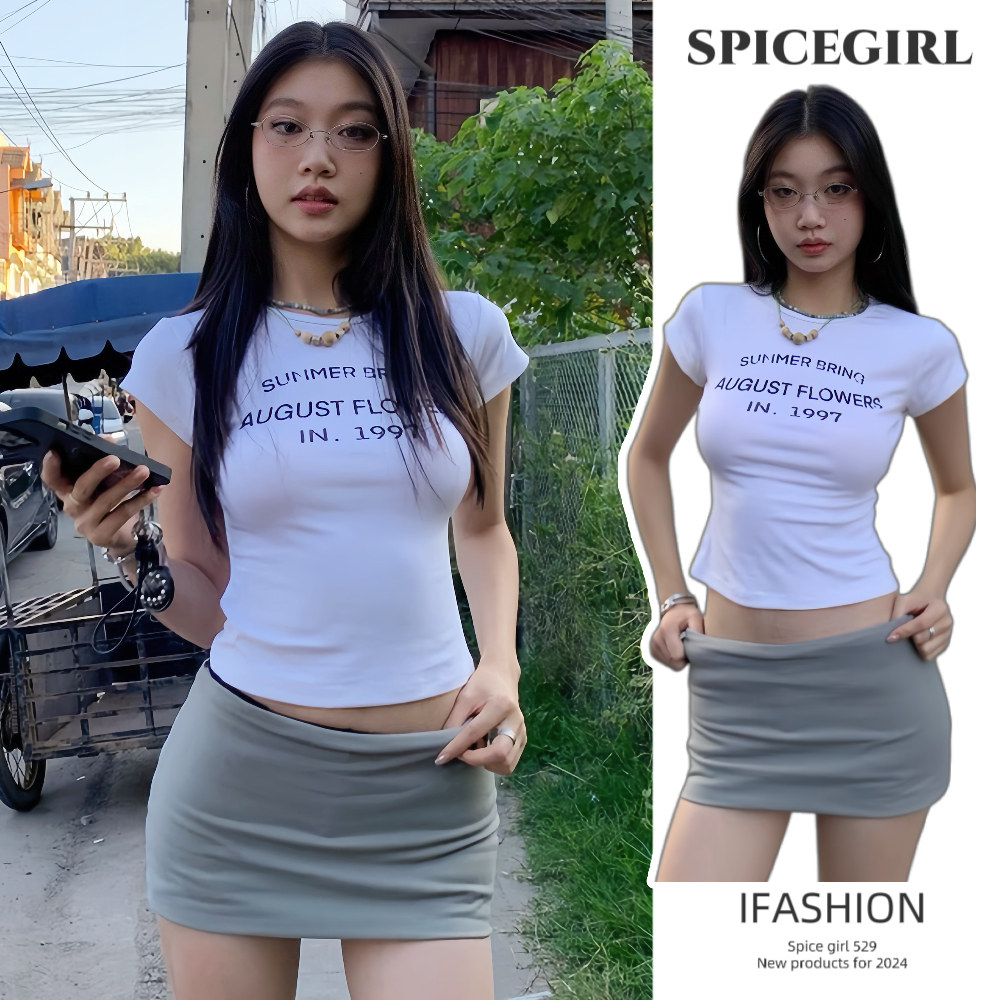 ⭐Spice Girl⭐เสื้อยืดแขนสั้น เอวลอย รัดรูป สีขาว ลายตัวอักษร คอกลม ผ้ายืดหยุ่น สไตล์สาวเกาหลี ใส่แล้วหุ่นสวยมาก แฟชั่น