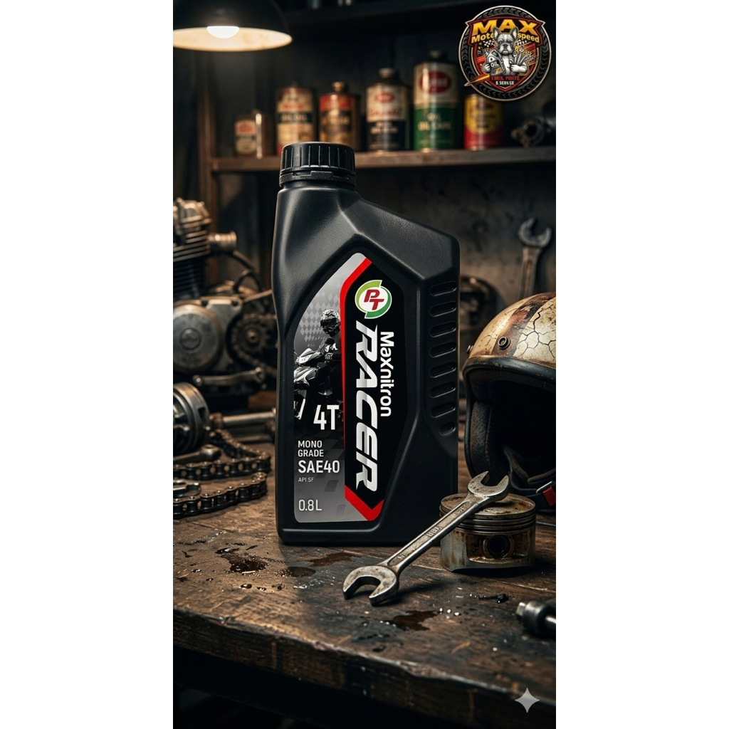 0.8 ลิตร น้ำมันเครื่องมอเตอร์ไซค์ PT Maxnitron Racer 4T SAE40 สำหรับเครื่องยนต์ 4 จังหวะ