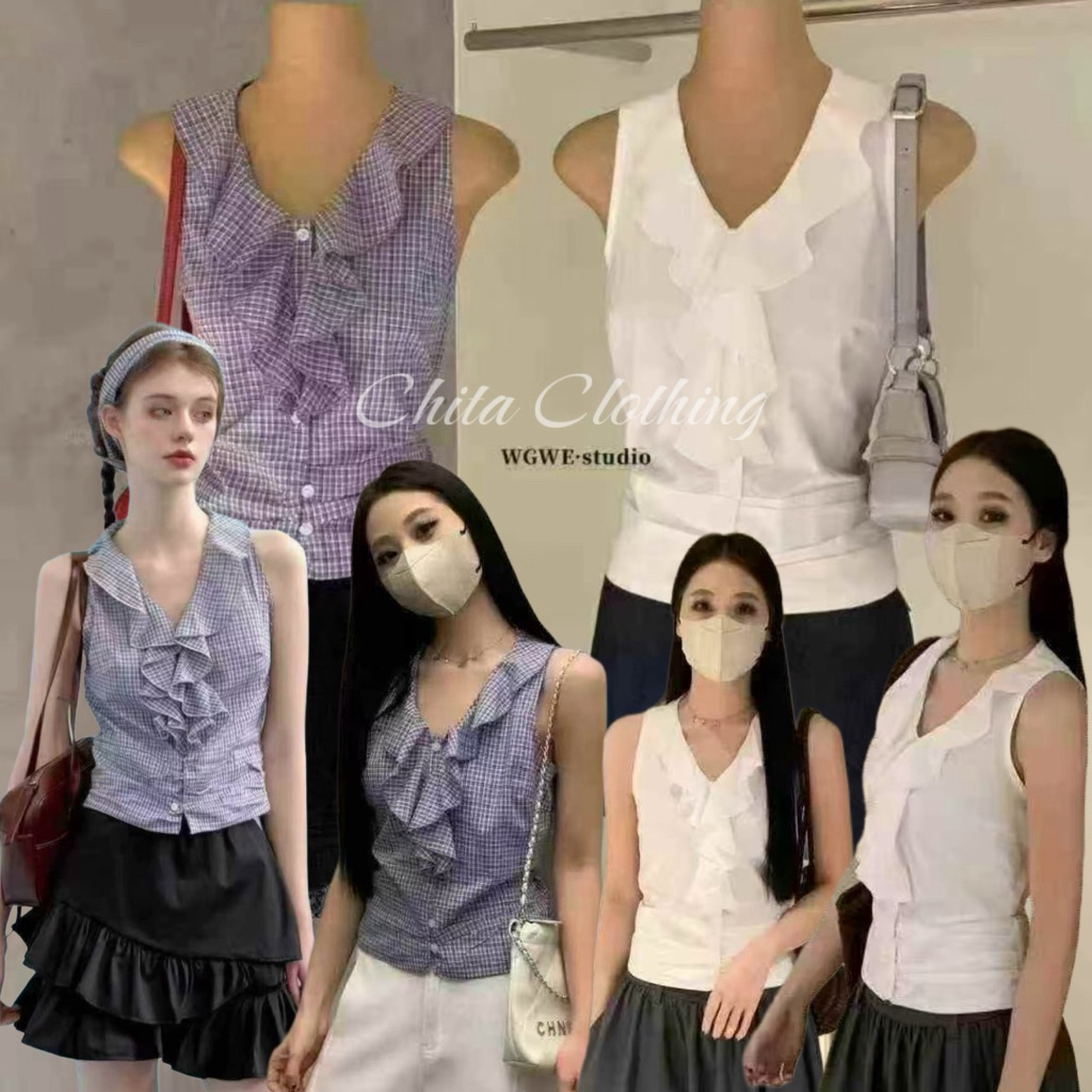 📍พร้อมส่ง📍8242 เสื้อแขนกุดคอวี ลายสกอต กระดุมหน้า แต่งระบายช่วงอก เนื้อผ้าดี งานสวย TAG:WG.WE 🇰🇷