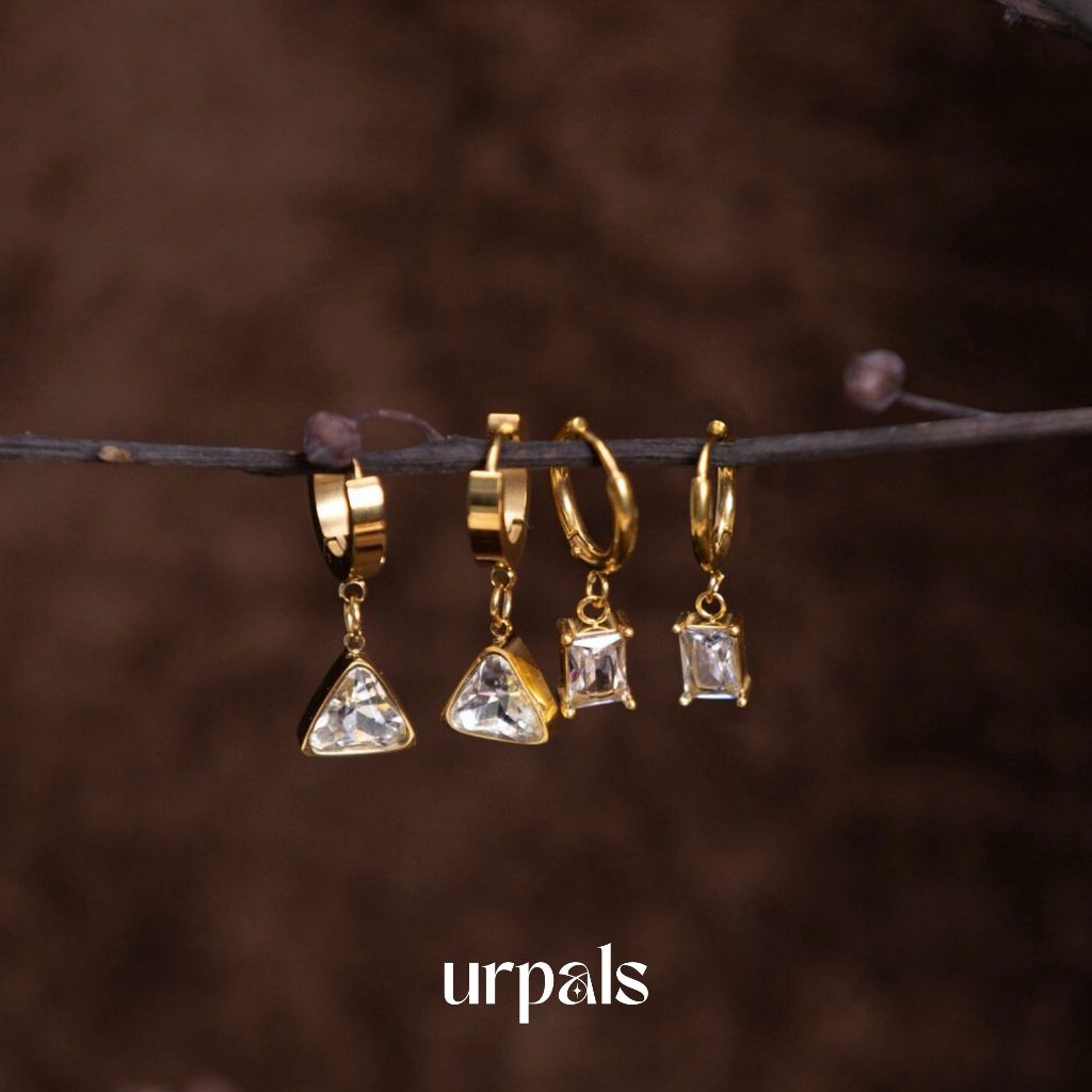URPALS ต่างหูห่วง Stainless ชุบทอง 18K พร้อมจี้เพชร ทนน้ำ ทนเหงื่อได้ดี