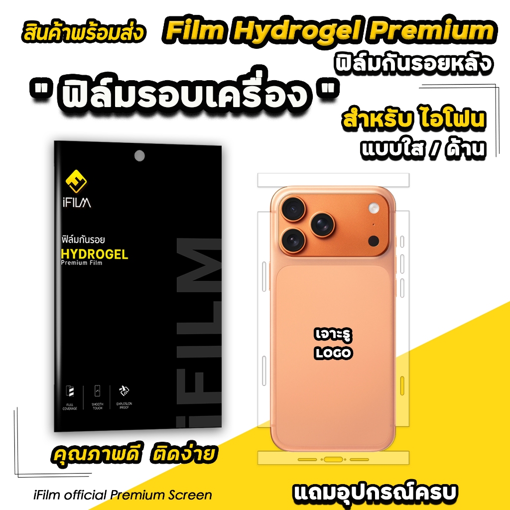 iFilm ฟิล์มหลัง คลุมขอบข้าง เว้นlogo For iPhone 17promax 17pro 17 16 promax 15 ไฮโดรเจล ใส / ด้าน ฟิล์มกันรอย รอบเครื่อง