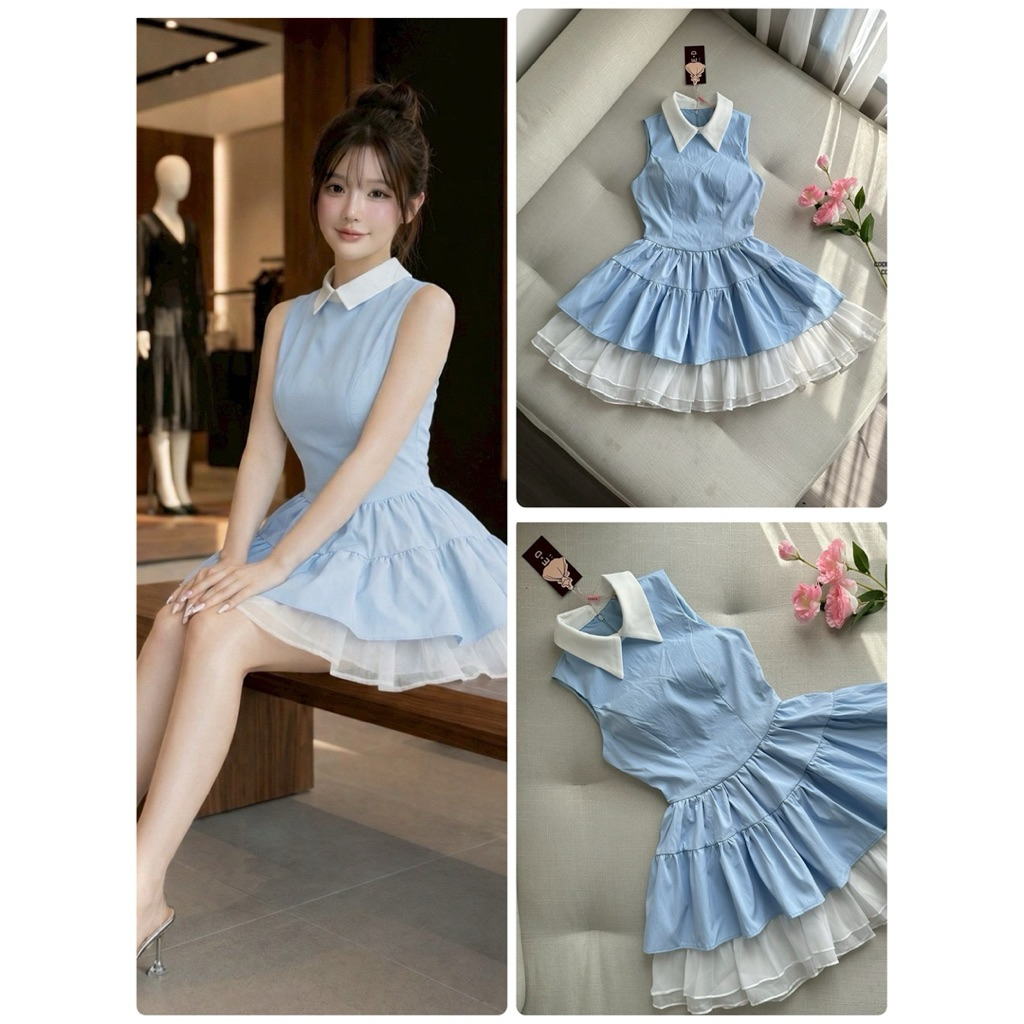 CODE-D CLOSETS มินิเดรสคอปกแขนกุดสีฟ้า ดีไซน์แต่งคอปกสีขาวซิปซ่อนด้านหน้า